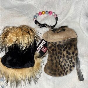 Leopard and Black Faux Fur pet cape,beaded collar Accessory Set